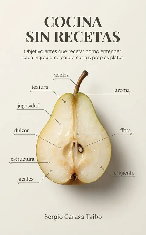 Portada de Cocina sin recetas, de Sergio Carasa Taibo: media pera con sus cualidades señaladas