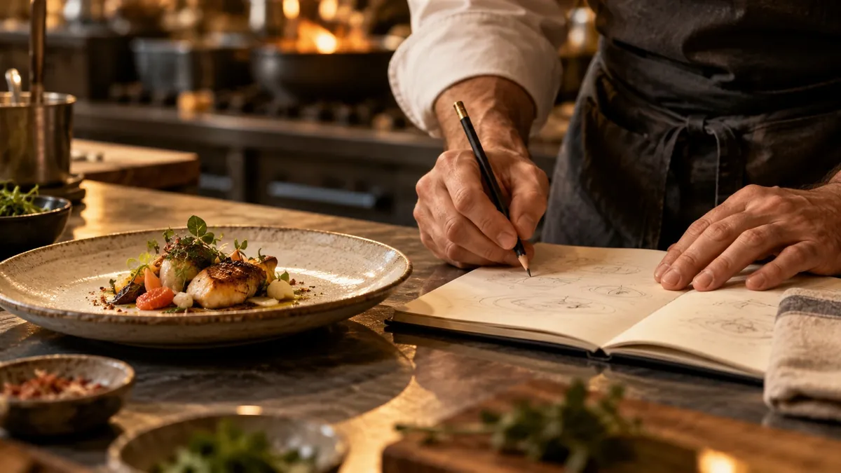 Las manos de un cocinero anotan ideas en un cuaderno junto a un plato