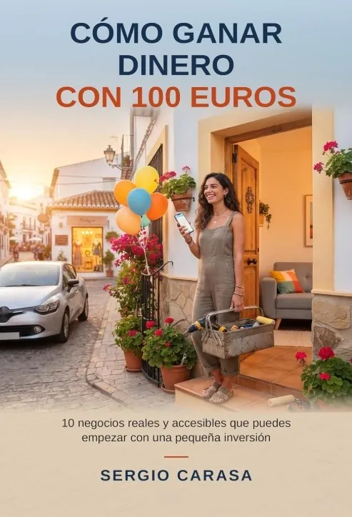 Portada de Cómo ganar dinero con 100 euros, de Sergio Carasa: una mujer sonriente en la puerta de su casa con globos y herramientas