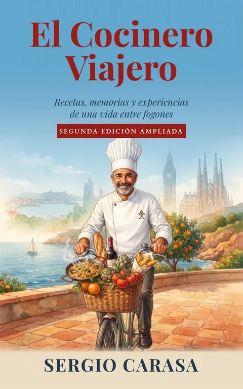 Portada de El Cocinero Viajero, de Sergio Carasa: un chef en bicicleta junto al mar