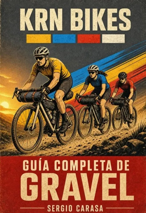 Portada de Guía Completa del Gravel, de Sergio Carasa: tres ciclistas de gravel con bolsas de bikepacking por un camino de tierra
