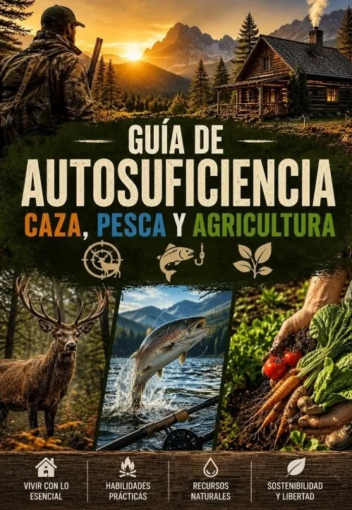 Portada de Guía de Autosuficiencia: caza, pesca y agricultura, de Sergio Carasa: un cazador ante una cabaña de montaña, un ciervo, una trucha y un huerto