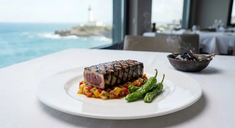 Atún a la brasa con pimientos de Padrón