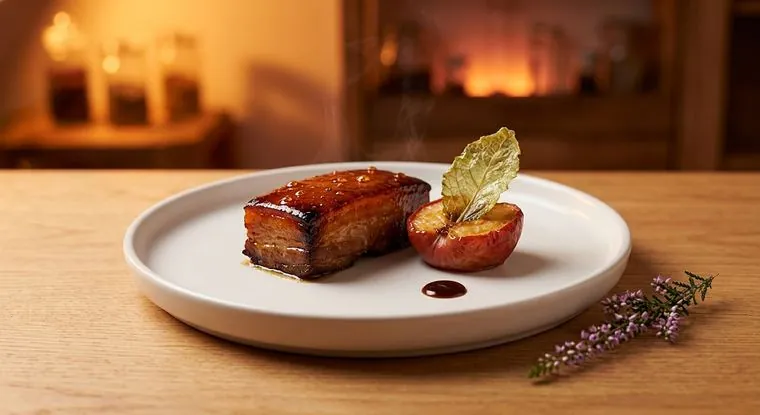 Panceta lacada con manzana asada