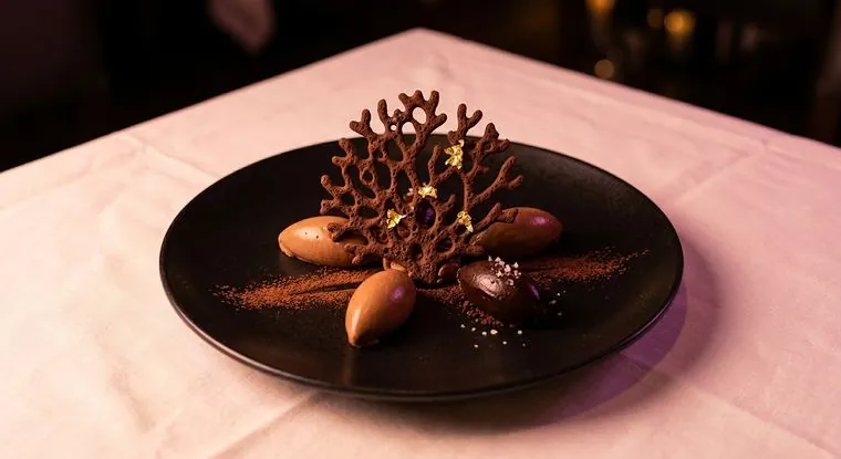 Chocolate en texturas con coral de cacao