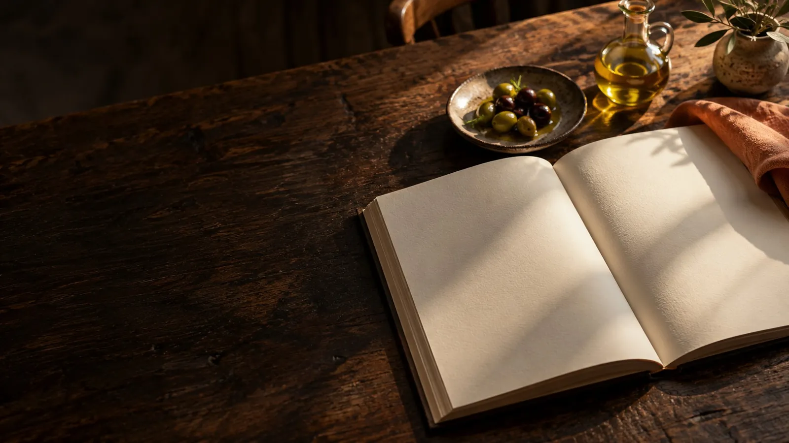 Un libro abierto junto a un plato de aceitunas y aceite sobre la mesa de un restaurante