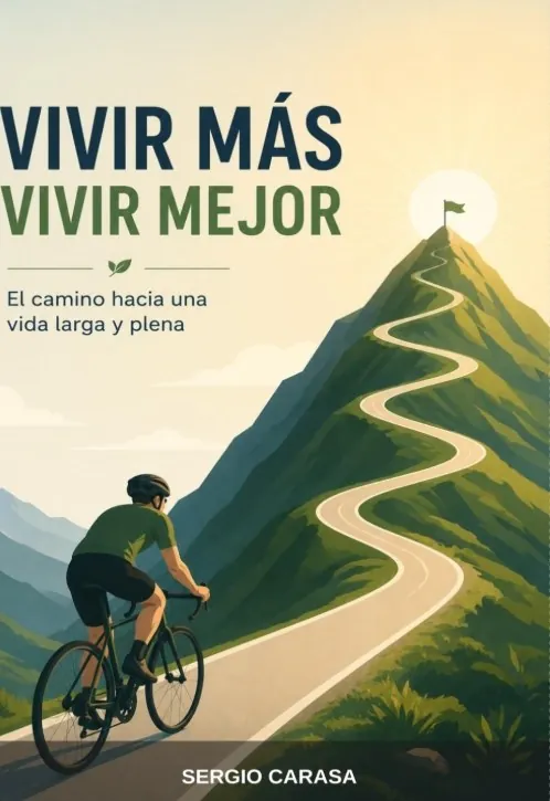 Portada de Vivir más, vivir mejor, de Sergio Carasa: un ciclista sube un puerto de montaña hacia el sol